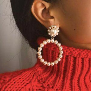 White gold pearl hoop dangle earrings